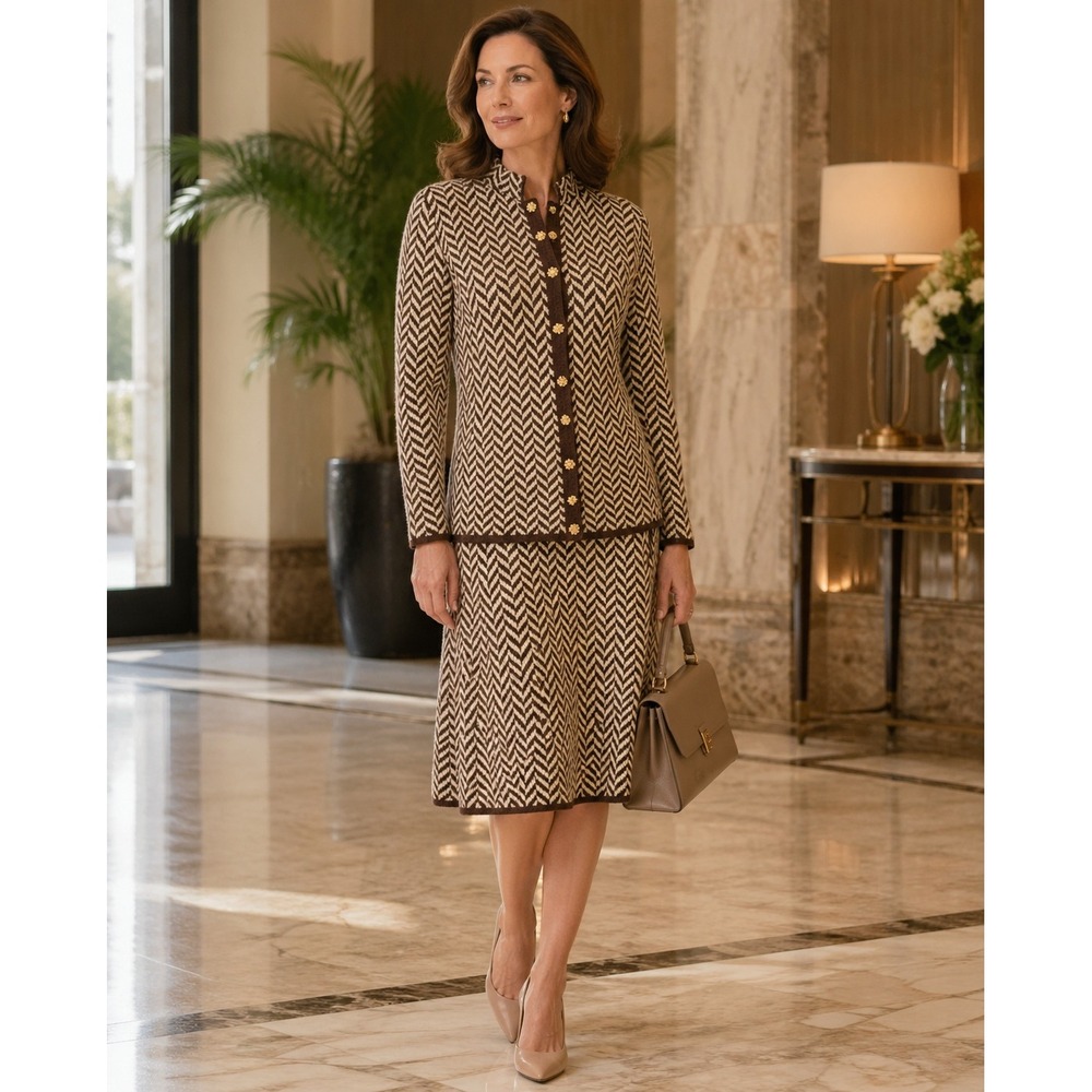 Vintage St. John Knits Bullock's Wilshire Era 1980s Chevron Skirt Suit‎ Set